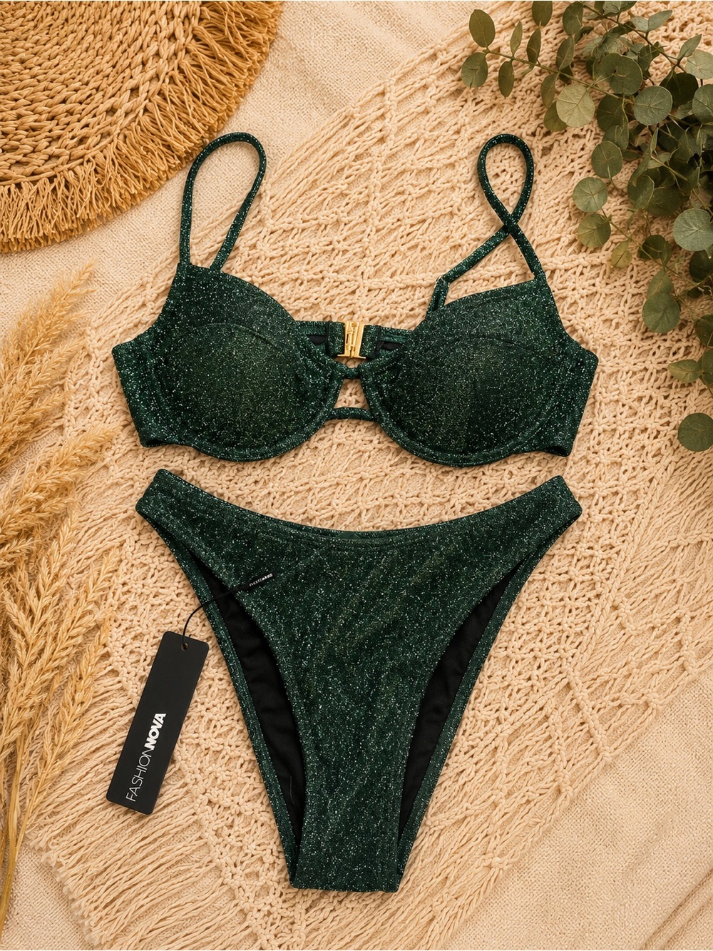 Fashion Nova Shimmery Dark Green Sparkle Bikini Set